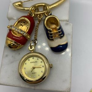 Brooch Pin Dangling Shoes Rhinestones Adolfo Watch